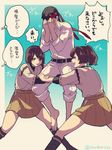  2girls admiral_(kantai_collection) barefoot belt boots brown_eyes brown_hair covering_eyes deco_(geigeki_honey) hair_ribbon headband highres hyuuga_(kantai_collection) ise_(kantai_collection) japanese_clothes kantai_collection multiple_girls ribbon short_hair short_ponytail skirt translated yamamoto_keigo 