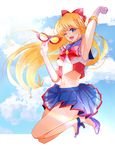  aino_minako arm_up armpits bishoujo_senshi_sailor_moon blonde_hair blue_eyes blue_sailor_collar blue_skirt bow crop_top crop_top_overhang gloves hair_bow high_heels jumping long_hair looking_at_viewer magical_girl mask mask_removed midriff navel one_eye_closed red_bow sailor_collar sailor_senshi_uniform sailor_v saojou skirt solo strappy_heels very_long_hair white_gloves 