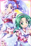  akimoto_komachi anmitsu_komachi bow_by_hair cosplay crossover cure_fortune cure_fortune_(cosplay) detached_sleeves earrings frills green_eyes green_hair hair_ornament hair_ribbon hairband happinesscharge_precure! hikawa_iona hitopm japanese_clothes jewelry magical_girl multiple_girls namesake ponytail precure pun purple_eyes purple_hair ribbon wide_ponytail yes!_precure_5 yes!_precure_5_gogo! 