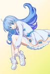  blue_eyes blue_hair dress eyelashes full_body gradient gradient_background happinesscharge_precure! happy high_heels kagosayu long_hair looking_at_viewer precure ribbon shirayuki_hime shoes smile solo yellow_background 