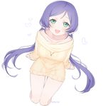  :d aran_sweater artist_name bad_id bad_twitter_id blush green_eyes heart long_hair looking_at_viewer love_live! love_live!_school_idol_project marin_(myuy_3) off_shoulder open_mouth purple_hair signature simple_background smile solo sweater toujou_nozomi twintails white_background 