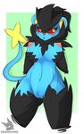  anthro anthrofied blush breasts claws drakeraynier feline female fur hand_on_breasts hand_on_chest hi_res looking_away luxray mammal navel nintendo nipples nude open_mouth pok&#233;mon pok&eacute;mon pussy red_sclera round_ears sharp_claws shy solo standing tongue video_games yellow_eyes 