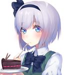  bad_id bad_pixiv_id blue_eyes blush bow cake chocolate_cake dress food fork green_dress hair_ribbon konpaku_youmu plate ribbon shirako_sei shirt silver_hair simple_background solo touhou upper_body white_background 