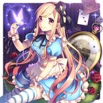  alice_(wonderland) alice_in_wonderland between_legs blonde_hair bow bug butterfly butterfly_on_hand card flower frilled_skirt frills gears hair_bow hair_ornament hair_ribbon hairband hand_between_legs highres insect light_brown_hair light_smile long_hair looking_at_viewer masaru.jp playing_card pocket_watch red_eyes ribbon rose sitting skirt smile solo sparkle striped striped_legwear thighhighs watch wrist_cuffs zettai_ryouiki 