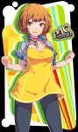  :d alternate_costume breasts brown_eyes brown_hair cleavage copyright_name cropped_jacket dev dress highres jacket medium_breasts no_eyewear open_clothes open_jacket open_mouth pantyhose persona persona_4 persona_4_the_golden ribbon satonaka_chie short_hair smile solo spandex 