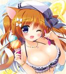  animal_ears blue_eyes blush bow bracelet breasts cat_ears cat_tail cleavage food hair_bow hat ice_cream ice_cream_cone jewelry large_breasts long_hair one_eye_closed open_mouth original sasai_saji solo spoon striped striped_bow tail 