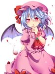  ascot blood blood_from_mouth blood_on_fingers blue_hair dress frilled_dress frills glass hat mob_cap puffy_short_sleeves puffy_sleeves red_eyes remilia_scarlet short_hair short_sleeves smile touhou uguisu_mochi_(ykss35) 