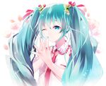  aqua_eyes aqua_hair bad_id bad_pixiv_id hatsune_miku kamari_(kama_ri) long_hair nail_polish necktie one_eye_closed solo steepled_fingers twintails vocaloid 