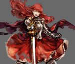  armor braid cape commentary_request dress grey_background long_hair onitobico open_mouth original red_dress red_hair serious solo sword weapon yellow_eyes 