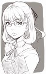  book character_request glasses greyscale hair_ribbon ina_(gokihoihoi) lips monochrome open_book over-rim_eyewear reading ribbon semi-rimless_eyewear short_hair sketch solo 