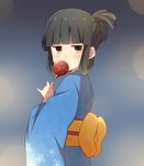  :/ alternate_costume alternate_hairstyle bad_id bad_pixiv_id bangs black_hair blue_kimono blunt_bangs brown_eyes candy_apple folded_ponytail food gradient gradient_background hair_bun hatsuyuki_(kantai_collection) holding japanese_clothes jitome kantai_collection kimono looking_at_viewer simple_background solo yukata yukichi_(eikichi) 