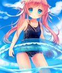  amashiro_natsuki bad_id bad_pixiv_id blue_eyes cloud day hair_ribbon long_hair looking_at_viewer one-piece_swimsuit original pink_hair ribbon school_swimsuit sky solo swimsuit twintails wading water wet 