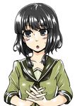  alternate_hair_length alternate_hairstyle black_eyes black_hair hair_tie kantai_collection kitakami_(kantai_collection) shishamo_(1874486) short_hair solo uniform 