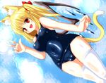  alternate_costume animal_ears blonde_hair blue_sky breasts cameltoe cat_ears cat_tail cloud day fang flandre_scarlet hair_bobbles hair_ornament kemonomimi_mode large_breasts misoshiru_(meridianchild312) one-piece_swimsuit open_mouth red_eyes school_swimsuit shiny shiny_clothes side_ponytail sky smile solo swimsuit tail thighhighs touhou wet white_legwear wings 