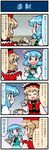  2girls 4koma artist_self-insert blue_hair brown_hair chopsticks chopsticks_in_mouth clenched_teeth closed_eyes comic commentary eating food gradient gradient_background hat heterochromia highres juliet_sleeves light_brown_hair long_sleeves lyrica_prismriver mizuki_hitoshi mouth_hold multiple_girls open_mouth plate puffy_sleeves real_life_insert red_eyes shirt simple_background skirt surprised sweat tatara_kogasa teeth thumbs_up touhou translated vest 