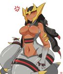  :&lt; anger_vein black_sclera blush breasts dark_skin gen_4_pokemon giratina highres lamia large_breasts lightsource monster_girl navel personification pokemon red_eyes solo 