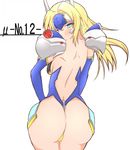  1girl aqua_eyes arc_system_works armor ass back backboob blazblue blonde_hair blush bodysuit breasts character_name ear_protection elbow_gloves female forehead_protector from_behind gloves labaha long_hair looking_back mu-12 shoulder_pads solo 