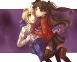  ahoge artoria_pendragon_(all) black_hair black_legwear blonde_hair blue_eyes dress fate/stay_night fate_(series) green_eyes hair_ribbon highres hug long_hair multiple_girls one_eye_closed pantyhose ribbon saber skirt thighhighs toosaka_rin two_side_up tyokopan zettai_ryouiki 