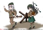  backpack bag bagpipes beret d-day ernest ganaha_hibiki gun hairband hat historical_event idolmaster idolmaster_(classic) instrument kilt m1_garand military military_uniform multiple_girls ponytail rifle shijou_takane turtleneck uniform weapon world_war_ii 