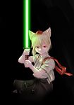  animal_ears darkness energy_sword hat inubashiri_momiji kunsei_hamu lightsaber looking_at_viewer red_eyes shirt silver_hair skirt solo star_wars sword tokin_hat touhou weapon wolf_ears 