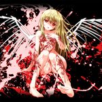  bad_id bad_pixiv_id barefoot blonde_hair blood blood_splatter collarbone fallen_angel feet hand_on_own_chest long_hair nude original red_eyes sitting solo tongue tongue_out very_long_hair wings yua_(checkmate) 