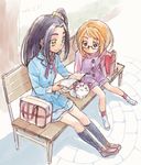  2girls aria_gakuen_school_uniform backpack bag bench dated eyelashes from_above glasses hair_ornament half_updo happy hummy_(suite_precure) kurochiroko kurokawa_eren long_hair multiple_girls one_side_up orange_eyes orange_hair peaceful ponytail precure purple_hair randoseru ribbon school_uniform seiren_(suite_precure) shirabe_ako shirt shoes short_hair shorts sitting skirt smile socks suite_precure yellow_eyes 