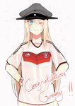  2014_fifa_world_cup ;) adidas bismarck_(kantai_collection) blonde_hair blue_eyes blush bottomless congratulations germany hands_on_hips hat hinagi_(fox_priest) kantai_collection long_hair looking_at_viewer one_eye_closed peaked_cap smile soccer soccer_uniform solo sportswear white_background world_cup 