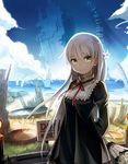  arms_behind_back bail bouquet cloud day dress flower green_eyes grey_hair hair_flower hair_ornament long_hair looking_at_viewer original rubble ruins sad_smile science_fiction sky smile solo water white_hair 
