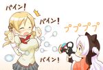  blonde_hair blush bouncing_breasts breasts bubble bubble_blowing drill_hair gloves long_hair magical_girl mahou_shoujo_madoka_magica mahou_shoujo_madoka_magica_movie medium_breasts momoe_nagisa multiple_girls orange_eyes school_uniform short_twintails tomoe_mami twin_drills twintails two_side_up umiroku white_hair 