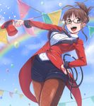  akizuki_ritsuko antenna_hair balloon brown_eyes brown_hair dan_(orange_train) fishnet_pantyhose fishnets flag glasses half_updo hand_on_hip hat idolmaster idolmaster_(classic) open_mouth pantyhose ribbon solo top_hat whip 