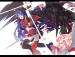  black_legwear black_wings blue_eyes blue_hair blurry bow candy candy_cane depth_of_field fang food hair_bow hair_ornament hair_ribbon hika_(ozeluk) lollipop long_hair open_mouth pixiv_fantasia pixiv_fantasia_sword_regalia ribbon shoes smile solo tail thighhighs very_long_hair wings zettai_ryouiki 