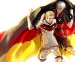  2boys axis_powers_hetalia blonde_hair blue_eyes german_flag germany germany_(hetalia) hair_slicked_back multiple_boys personification prussia_(hetalia) red_eyes short_hair silver_hair soccer soccer_uniform sportswear susukino uniform world_cup 