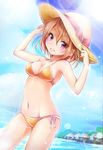  bikini breasts cleavage hands_on_headwear hat lens_flare manmaru_tamago medium_breasts navel orange_hair original parted_lips purple_eyes short_hair solo standing sun_hat swimsuit 