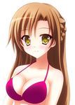  asuna_(sao) bikini_top blush breasts brown_hair highres karin_(rei862) long_hair looking_at_viewer medium_breasts simple_background solo sword_art_online white_background yellow_eyes 