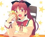  bow chair eating fang food food_on_face hair_bow hamburger mahou_shoujo_madoka_magica mizuki_(flowerlanguage) red_eyes red_hair sakura_kyouko school_uniform sitting 
