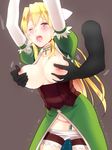  1girl arms_up bad_id bad_pixiv_id blonde_hair blush braid breast_grab breasts breasts_outside breath choker disembodied_limb grabbing green_eyes groping hetero large_breasts leafa long_hair nipples one_eye_closed open_mouth ponytail puffy_sleeves pussy_juice saliva shorts shorts_pull solo_focus sword_art_online thighhighs trembling twin_braids yuki_(itkinggg) 