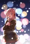  blurry bokeh brown_eyes brown_hair casual coat depth_of_field hair_ornament hair_ribbon hands_together hika_(ozeluk) looking_at_viewer open_mouth original ribbon scarf solo 