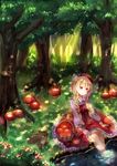  bad_id bad_pixiv_id basket blonde_hair braid bunny dappled_sunlight dress frilled_dress frills hat jaku_sono light_rays long_sleeves mushroom nature original puffy_long_sleeves puffy_sleeves red_dress red_eyes sitting smile soaking_feet sunbeam sunlight tree tree_shade twin_braids water 