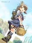  brown_eyes brown_hair flying_sweatdrops holding kantai_collection kazami_miki open_mouth pleated_skirt school_uniform serafuku shirayuki_(kantai_collection) short_hair short_sleeves skirt smokestack solo teapot turret twintails twitter_username 