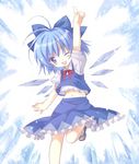  ;d arm_up blue_eyes blue_hair blue_skirt blush bow cirno hair_bow midriff navel one_eye_closed open_mouth short_hair skirt smile solo touhou wings yutamitan 