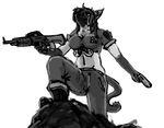  cat clothed clothing feline female furpics gun mammal monochrome multi_breast patchi plain_background ranged_weapon rock solo weapon 