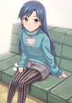  beckoning blue_hair brown_eyes couch dan_(orange_train) fashion idolmaster idolmaster_(classic) kisaragi_chihaya long_hair looking_at_viewer pantyhose patting patting_lap shorts sitting sleeves_past_wrists smile solo striped striped_legwear vertical-striped_legwear vertical_stripes 