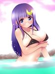  bespectacled bikini bikini_top black_bikini breasts crescent crescent_hair_ornament glasses hair_ornament kozue_akari large_breasts long_hair no_hat no_headwear onsen partially_submerged patchouli_knowledge purple_eyes purple_hair smile solo swimsuit touhou water 