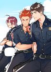  :t ahoge belt blue_eyes blue_sky blush brown_hair car cloud crossed_arms day doughnut eating food free! future_fish grin ground_vehicle kanapy leaning long_hair looking_away male_focus matsuoka_rin mikoshiba_seijuurou motor_vehicle multiple_boys orange_eyes orange_hair outdoors police police_uniform ponytail red_hair short_sleeves sitting sky smile tareme uniform yamazaki_sousuke 