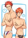  2boys ? artist_name border brothers crossed_arms dated free! grin groin height_difference kanapy male_focus male_swimwear mikoshiba_momotarou mikoshiba_seijuurou multiple_boys muscle navel no_nipples orange_hair siblings simple_background smile spoken_exclamation_mark spoken_question_mark standing swim_briefs swimwear yellow_eyes 