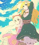  alternate_costume blonde_hair capelet cloud dress hair_down hat long_hair mahou_shoujo_madoka_magica mahou_shoujo_madoka_magica_movie mizuki_(flowerlanguage) momoe_nagisa multiple_girls picnic_basket sky sun_hat tomoe_mami white_hair yellow_eyes 