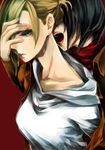  annie_leonhardt biting black_hair blonde_hair blue_eyes commentary_request covering_one_eye from_behind hand_on_another's_face highres lips mikasa_ackerman multiple_girls neck open_mouth scarf shingeki_no_kyojin short_hair shuu-0208 