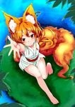  animal_ears bare_legs barefoot blonde_hair feet fox_ears fox_tail hands highres japanese_clothes kimono looking_up noa_(nagareboshi) original outstretched_arm outstretched_hand palms red_eyes short_hair short_kimono sleeveless sleeveless_kimono solo tail toes water 