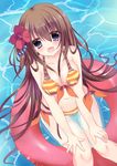  :d absurdres bikini black_eyes brown_hair flower hair_flower hair_ornament highres innertube kurata_muto long_hair open_mouth original smile solo swimsuit very_long_hair 