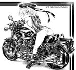  adapted_costume ass bare_shoulders blush bow bow_panties breasts cameltoe character_name clothes_writing covered_nipples earrings elbow_gloves fingerless_gloves gloves greyscale ground_vehicle hat heart heart_earrings jewelry kantai_collection kawasaki_z1 looking_at_viewer looking_back monochrome motor_vehicle motorcycle namesake no_bra okiraku_nikku panties shirt shoes short_hair sideboob sitting sleeveless sleeveless_shirt small_breasts smile socks solo spoken_heart text_focus thumbs_up underwear white_background z1_leberecht_maass_(kantai_collection) 